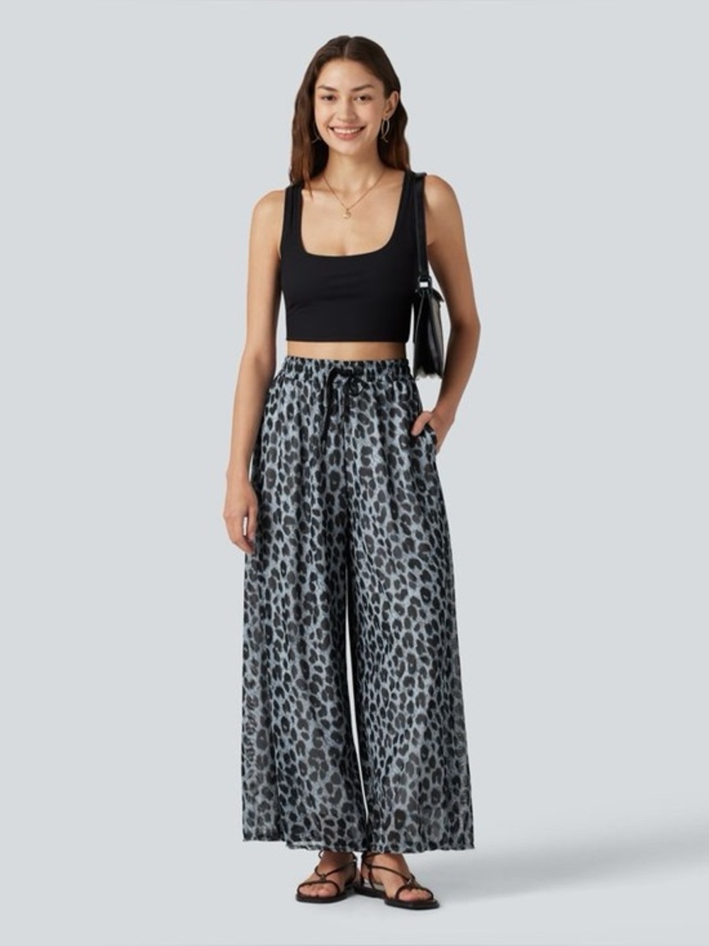 High Waisted Drawstring Baggy Leopard Print Sheer Mesh Casual Pants with Pockets